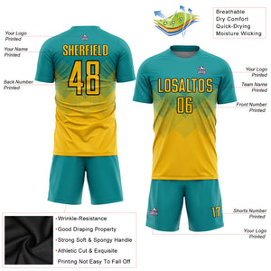 Custom Teal Gold-Black Sublimation Soccer Uniform Jersey