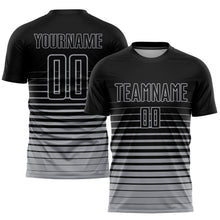 Load image into Gallery viewer, Custom Black Gray Pinstripe Fade Fashion Sublimation Soccer Uniform Jersey
