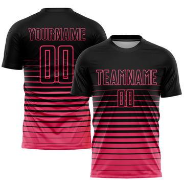 Custom Black Neon Pink Pinstripe Fade Fashion Sublimation Soccer Uniform Jersey