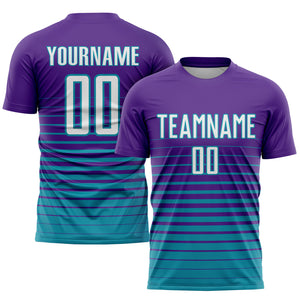 Custom Purple White-Teal Pinstripe Fade Fashion Sublimation Soccer Uniform Jersey