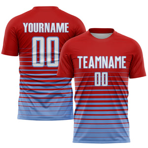 Custom Red White-Light Blue Pinstripe Fade Fashion Sublimation Soccer Uniform Jersey