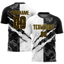 Load image into Gallery viewer, Custom Graffiti Pattern Black-Gold Scratch Sublimation Soccer Uniform Jersey
