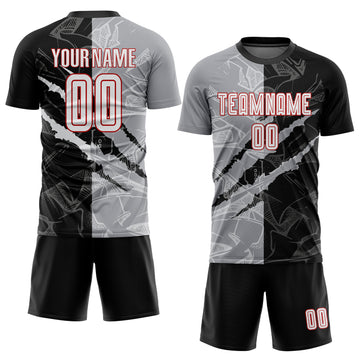 Custom Graffiti Pattern White Black Gray-Red Scratch Sublimation Soccer Uniform Jersey