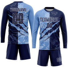 Load image into Gallery viewer, Custom Graffiti Pattern Navy-Light Blue Scratch Sublimation Soccer Uniform Jersey
