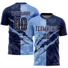 Load image into Gallery viewer, Custom Graffiti Pattern Navy-Light Blue Scratch Sublimation Soccer Uniform Jersey
