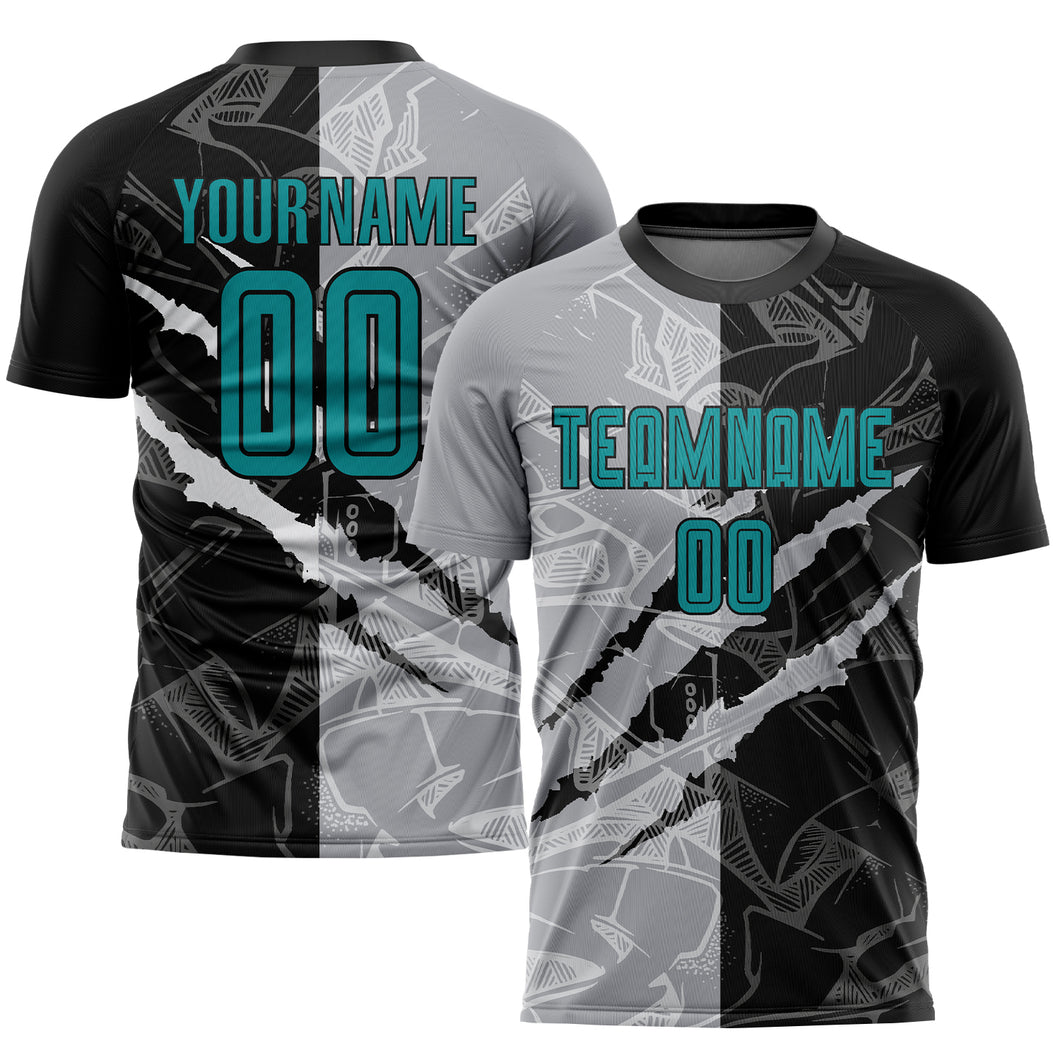 Custom Graffiti Pattern Teal Black-Gray Scratch Sublimation Soccer Uniform Jersey