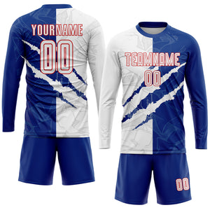 Custom Graffiti Pattern White Royal-Red Scratch Sublimation Soccer Uniform Jersey