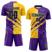 Load image into Gallery viewer, Custom Graffiti Pattern Black Purple Yellow-Gray Scratch Sublimation Soccer Uniform Jersey
