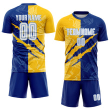 Load image into Gallery viewer, Custom Graffiti Pattern White Royal Yellow-Light Blue Scratch Sublimation Soccer Uniform Jersey
