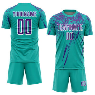 Custom Aqua Purple-White Sublimation Soccer Uniform Jersey
