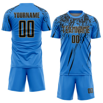 Custom Electric Blue Black-Old Gold Sublimation Soccer Uniform Jersey