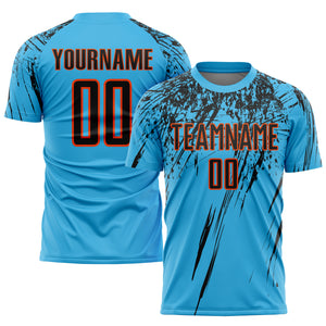 Custom Sky Blue Black-Orange Sublimation Soccer Uniform Jersey