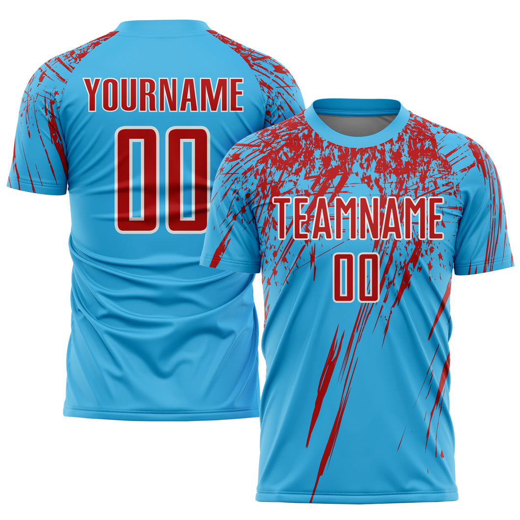 Custom Sky Blue Red-White Sublimation Soccer Uniform Jersey