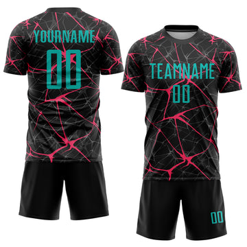 Custom Black Aqua-Neon Pink Sublimation Soccer Uniform Jersey