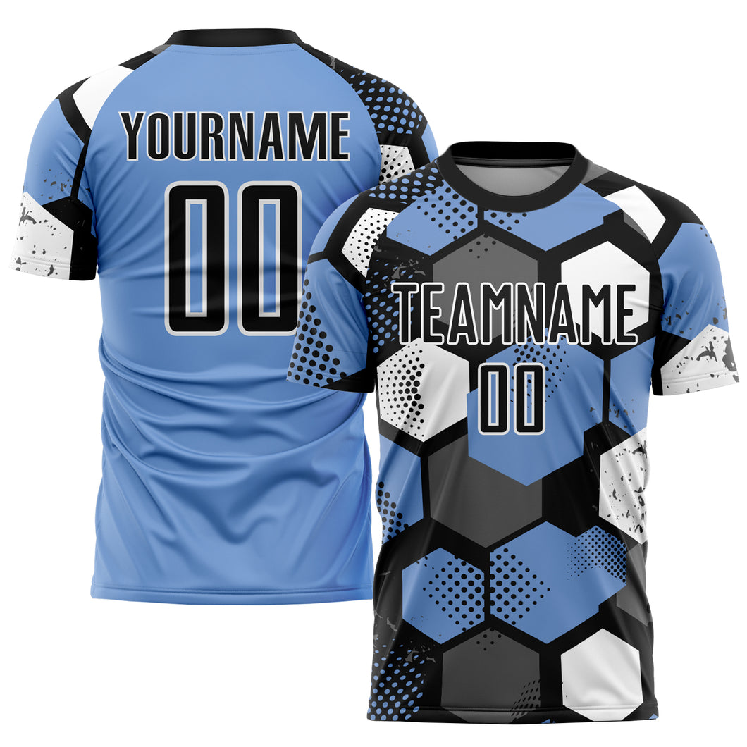 Custom Light Blue Black-White Sublimation Soccer Uniform Jersey