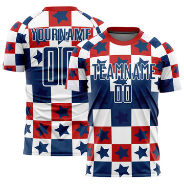 Custom Royal Red-White Stars And Squares Sublimation Soccer Uniform Jersey