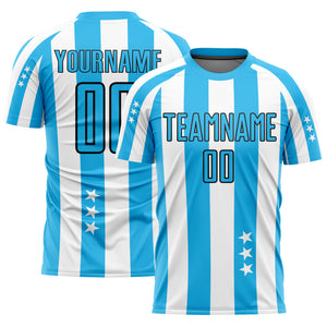 Custom White Sky Blue-Black Stars And Squares Sublimation Soccer Uniform Jersey