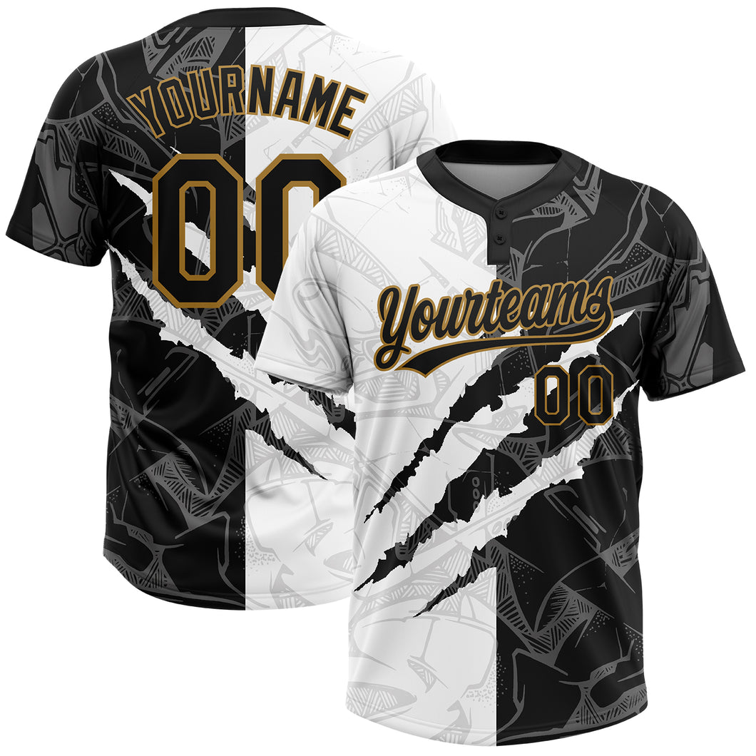 Custom Graffiti Pattern Black-Old Gold 3D Two-Button Unisex Softball Jersey