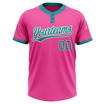 Custom Pink Teal-White Two-Button Unisex Softball Jersey