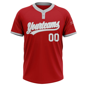 Custom Red White-Gray Two-Button Unisex Softball Jersey