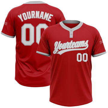 Custom Red White-Gray Two-Button Unisex Softball Jersey