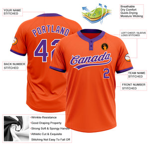 Custom Orange Purple-White Two-Button Unisex Softball Jersey