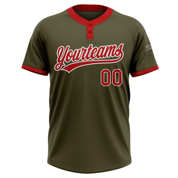 Custom Olive Red-White Salute To Service Two-Button Unisex Softball Jersey
