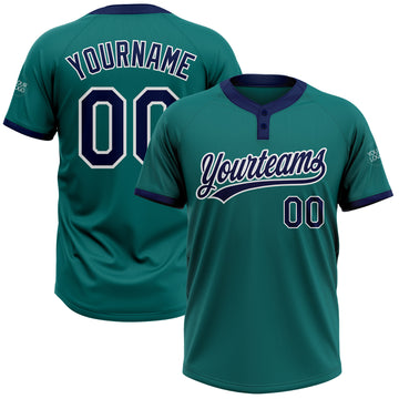 Custom Teal Navy-White Two-Button Unisex Softball Jersey