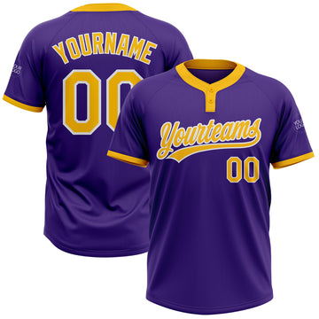 Custom Purple Gold-White Two-Button Unisex Softball Jersey