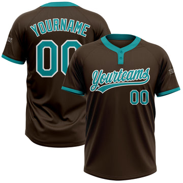 Custom Brown Teal-White Two-Button Unisex Softball Jersey