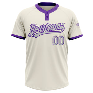 Custom Cream Gray-Purple Two-Button Unisex Softball Jersey