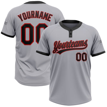 Custom Gray Black-Red Two-Button Unisex Softball Jersey