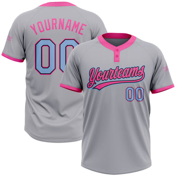 Custom Gray Light Blue Black-Pink Two-Button Unisex Softball Jersey