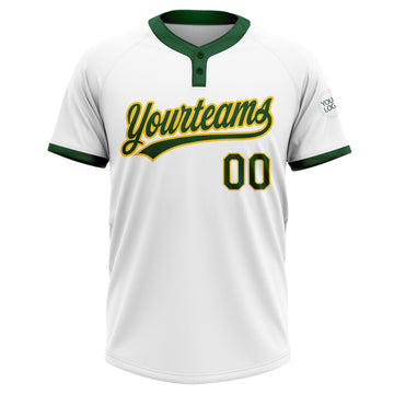 Custom White Green-Gold Two-Button Unisex Softball Jersey