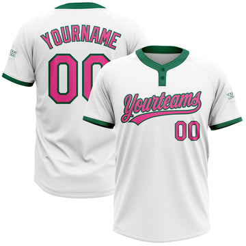 Custom White Pink-Kelly Green Two-Button Unisex Softball Jersey