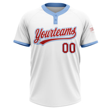 Custom White Red-Light Blue Two-Button Unisex Softball Jersey