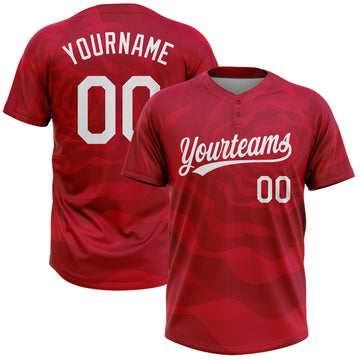 Custom Red White 3D Pattern Two-Button Unisex Softball Jersey