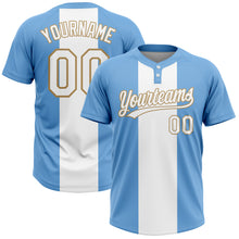 Load image into Gallery viewer, Custom Light Blue White-Old Gold 3D Pattern Two-Button Unisex Softball Jersey
