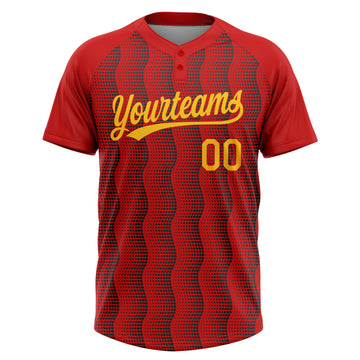Custom Red Gold-Black 3D Pattern Two-Button Unisex Softball Jersey