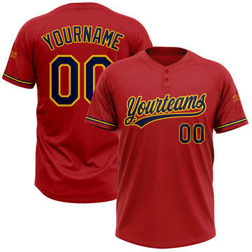 Custom Red Navy-Yellow Two-Button Unisex Softball Jersey