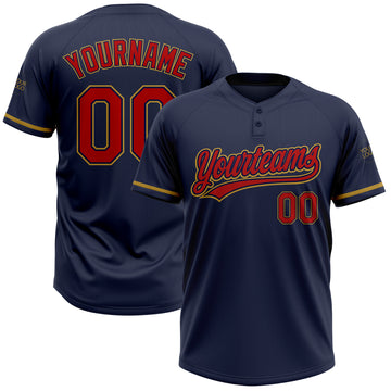 Custom Navy Red-Old Gold Two-Button Unisex Softball Jersey