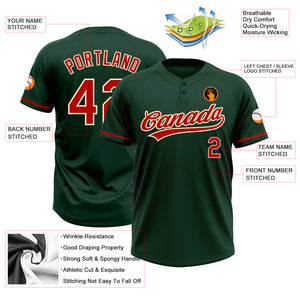 Custom Green Red-Cream Two-Button Unisex Softball Jersey