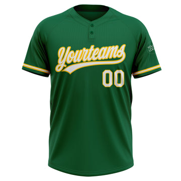 Custom Kelly Green White-Yellow Two-Button Unisex Softball Jersey