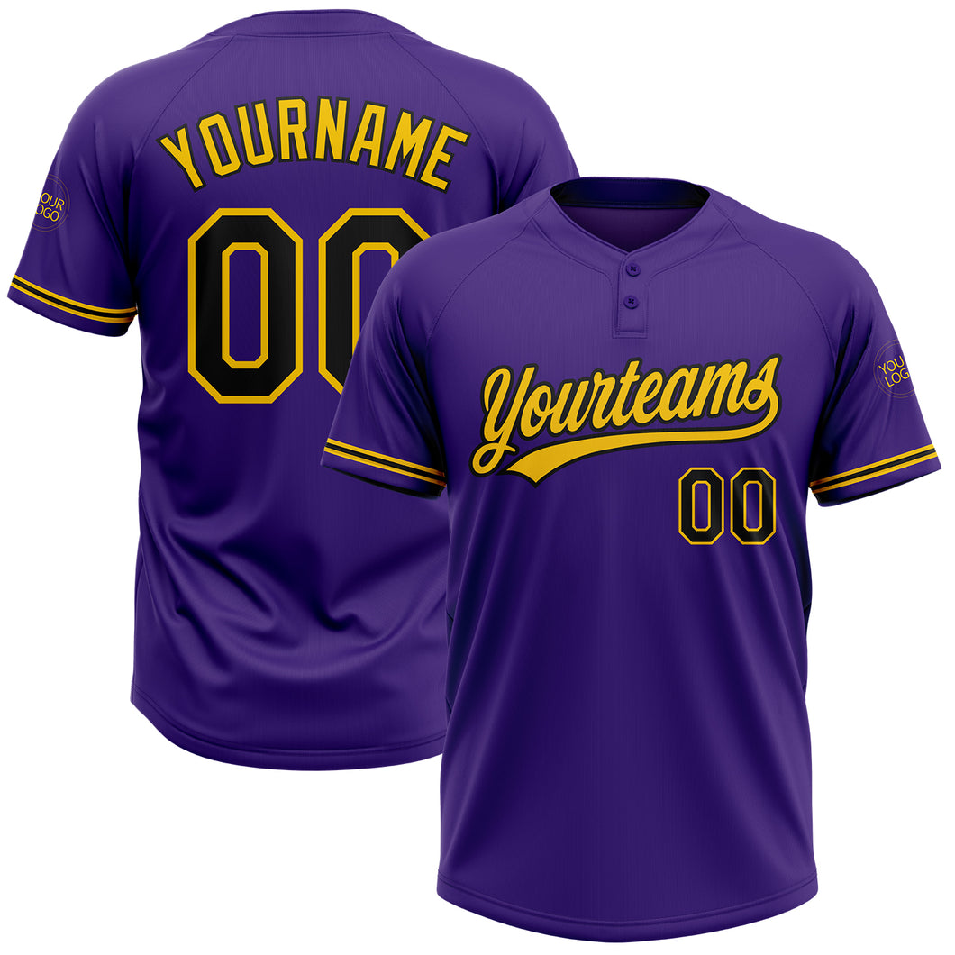 Custom Purple Black-Yellow Two-Button Unisex Softball Jersey