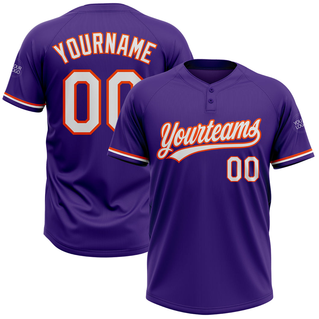 Custom Purple White-Orange Two-Button Unisex Softball Jersey