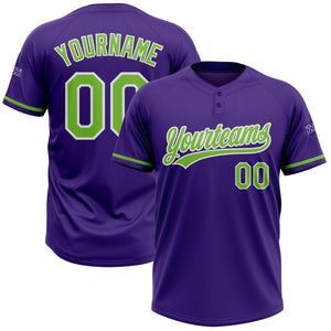 Custom Purple Neon Green-White Two-Button Unisex Softball Jersey