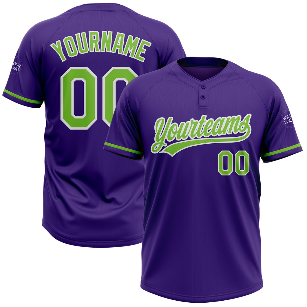 Custom Purple Neon Green-White Two-Button Unisex Softball Jersey