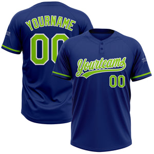 Custom Royal Neon Green-White Two-Button Unisex Softball Jersey