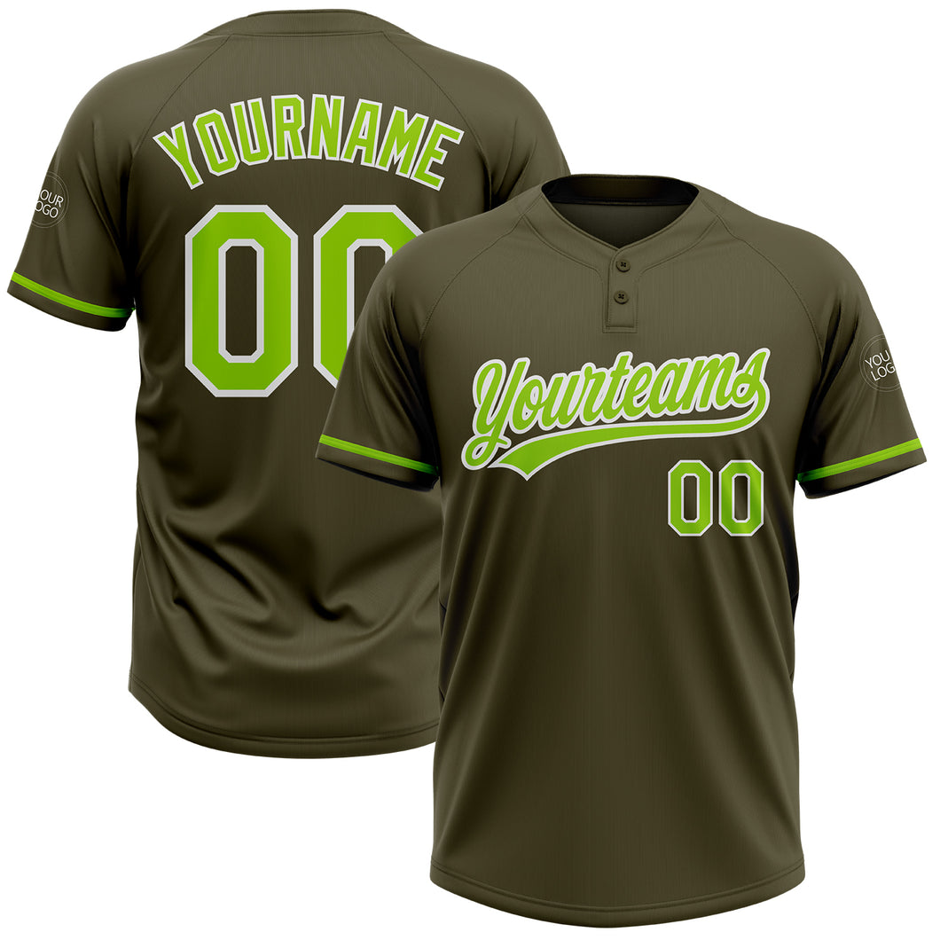 Custom Olive Neon Green-White Salute To Service Two-Button Unisex Softball Jersey