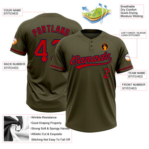 Custom Olive Red-Navy Salute To Service Two-Button Unisex Softball Jersey